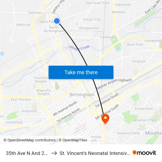 35th Ave N And 28th St N to St. Vincent's Neonatal Intensive Care Unit map