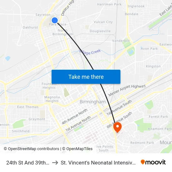 24th St And 39th Ave N to St. Vincent's Neonatal Intensive Care Unit map