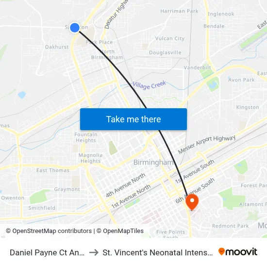 Daniel Payne Ct And Trax Dr to St. Vincent's Neonatal Intensive Care Unit map