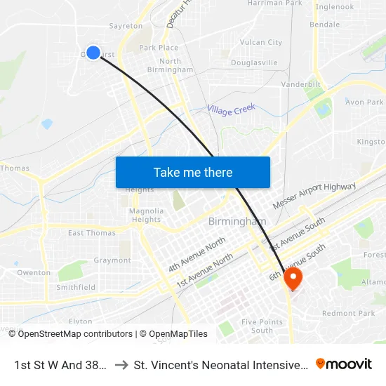 1st St W And 38th Ave to St. Vincent's Neonatal Intensive Care Unit map