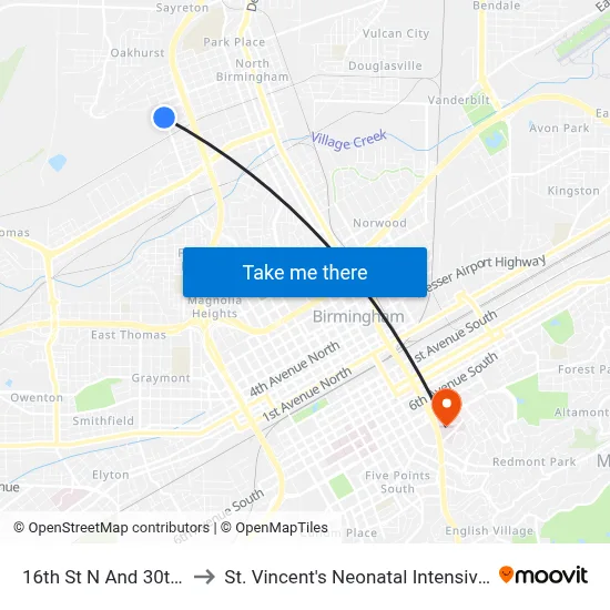 16th St N And 30th Ave N to St. Vincent's Neonatal Intensive Care Unit map