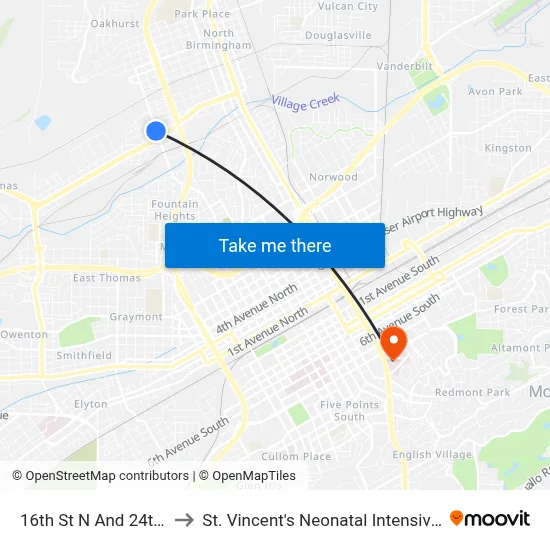 16th St N And 24th Ave N to St. Vincent's Neonatal Intensive Care Unit map