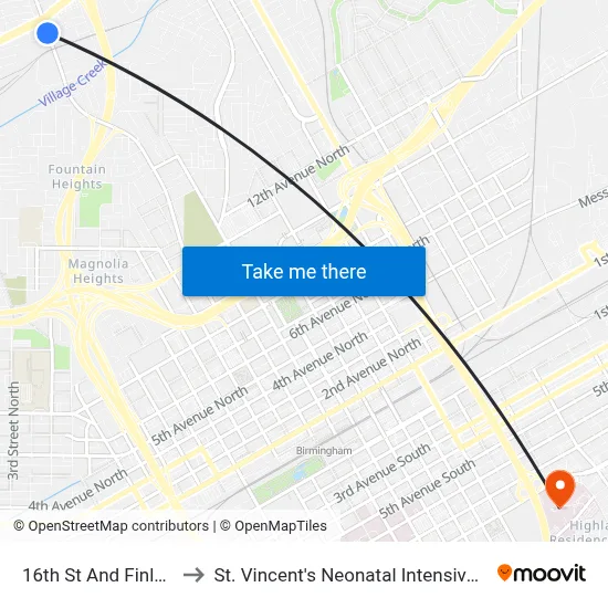 16th St And Finley Blvd to St. Vincent's Neonatal Intensive Care Unit map