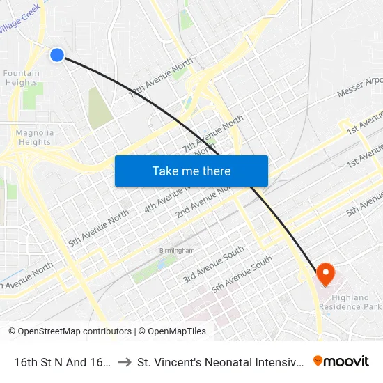 16th St N And 16th Ct N to St. Vincent's Neonatal Intensive Care Unit map