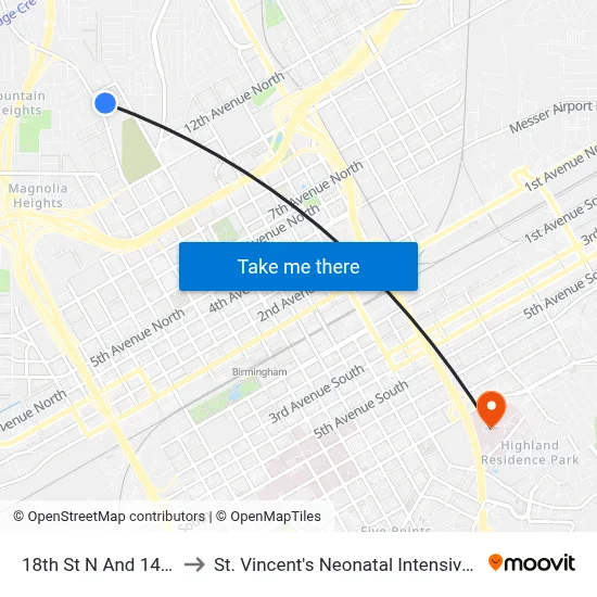 18th St N And 14th Ct N to St. Vincent's Neonatal Intensive Care Unit map
