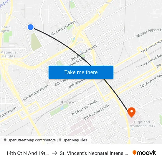 14th Ct N And 19th Ave N to St. Vincent's Neonatal Intensive Care Unit map