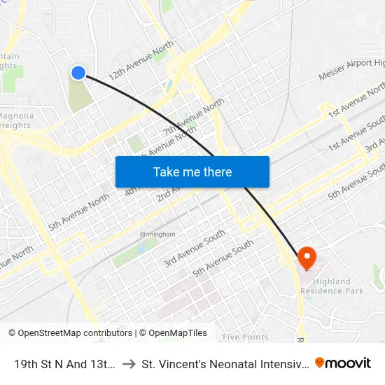 19th St N And 13th Ave N to St. Vincent's Neonatal Intensive Care Unit map