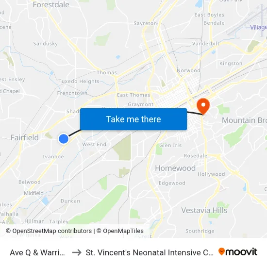 Ave Q & Warrior Rd to St. Vincent's Neonatal Intensive Care Unit map
