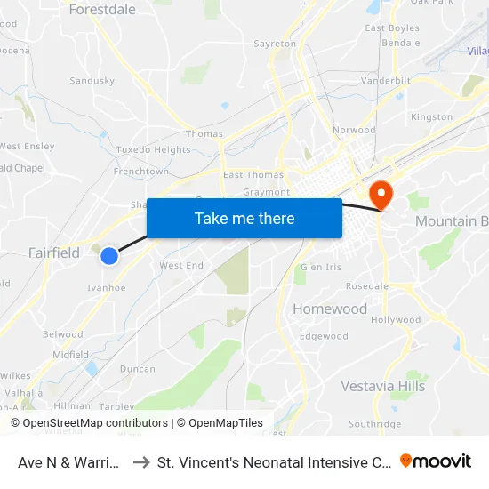 Ave N & Warrior Rd to St. Vincent's Neonatal Intensive Care Unit map