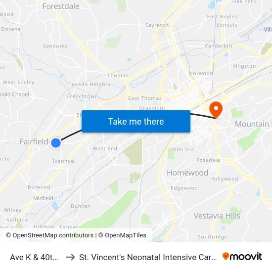 Ave K & 40th St to St. Vincent's Neonatal Intensive Care Unit map