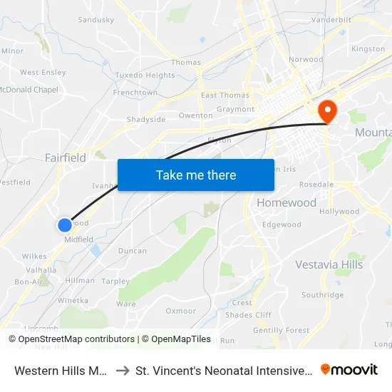 Western Hills Mall (Ib) to St. Vincent's Neonatal Intensive Care Unit map