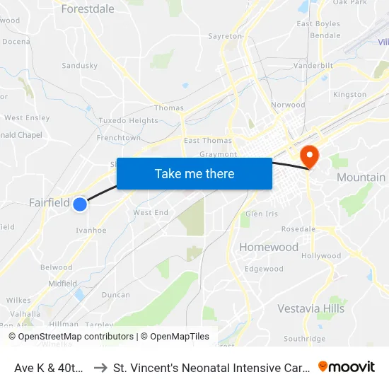 Ave K & 40th St to St. Vincent's Neonatal Intensive Care Unit map