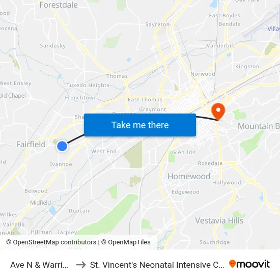 Ave N & Warrior Rd to St. Vincent's Neonatal Intensive Care Unit map