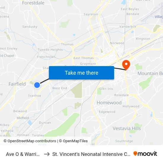 Ave O & Warrior Rd to St. Vincent's Neonatal Intensive Care Unit map