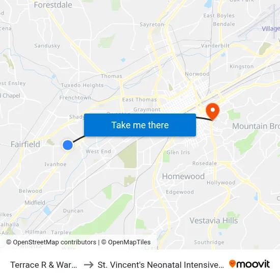 Terrace R & Warrior Rd to St. Vincent's Neonatal Intensive Care Unit map