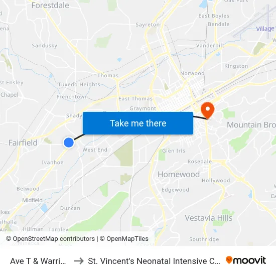 Ave T & Warrior Rd to St. Vincent's Neonatal Intensive Care Unit map