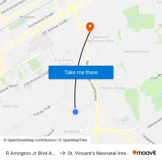 R Arrington Jr Blvd And Valley Ave to St. Vincent's Neonatal Intensive Care Unit map