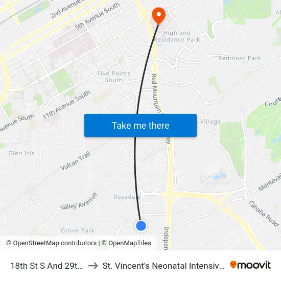 18th St S And 29th Ave S to St. Vincent's Neonatal Intensive Care Unit map