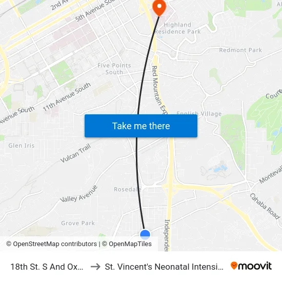 18th St. S And Oxmoor Rd to St. Vincent's Neonatal Intensive Care Unit map