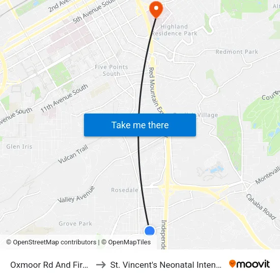 Oxmoor Rd And Firefighter Ln to St. Vincent's Neonatal Intensive Care Unit map