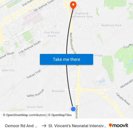 Oxmoor Rd And Cook St. to St. Vincent's Neonatal Intensive Care Unit map