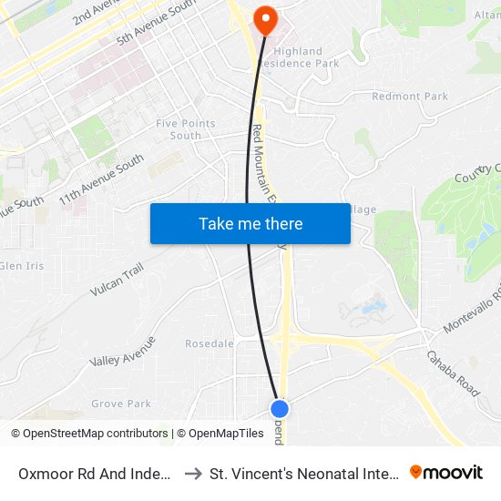 Oxmoor Rd And Independence Dr. to St. Vincent's Neonatal Intensive Care Unit map