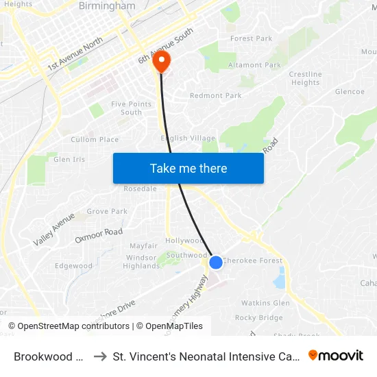 Brookwood Mall to St. Vincent's Neonatal Intensive Care Unit map