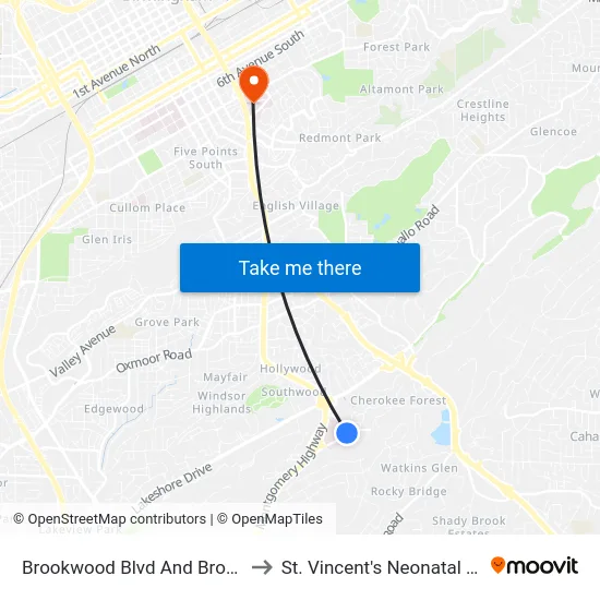 Brookwood Blvd And Brookwood Med Cntr Dr to St. Vincent's Neonatal Intensive Care Unit map