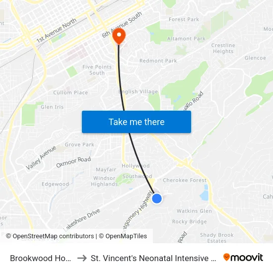 Brookwood Hospital to St. Vincent's Neonatal Intensive Care Unit map