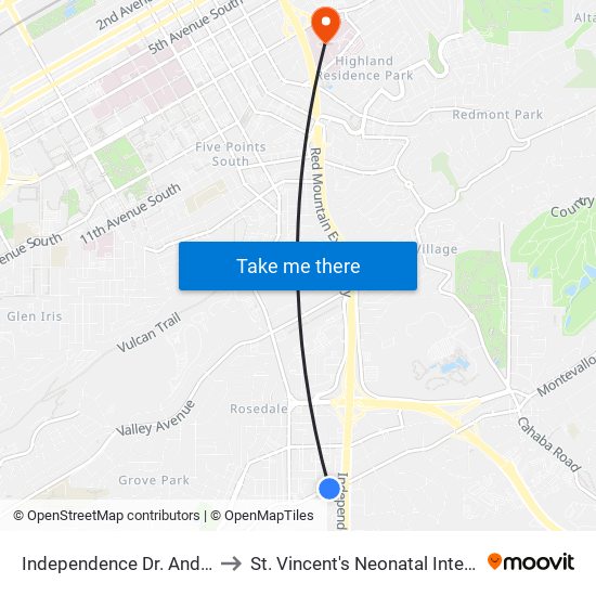 Independence Dr. And Oxmoor Rd. to St. Vincent's Neonatal Intensive Care Unit map