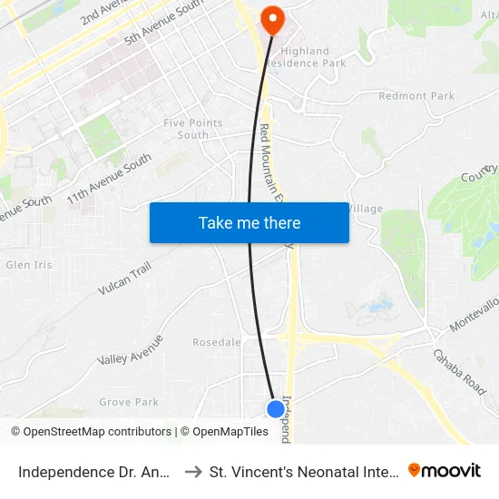 Independence Dr. And Oxmoor Rd. to St. Vincent's Neonatal Intensive Care Unit map