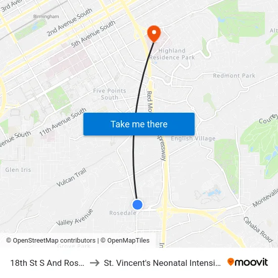 18th St S And Rosedale Dr to St. Vincent's Neonatal Intensive Care Unit map