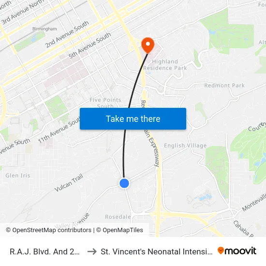 R.A.J. Blvd. And 21st Ave S to St. Vincent's Neonatal Intensive Care Unit map