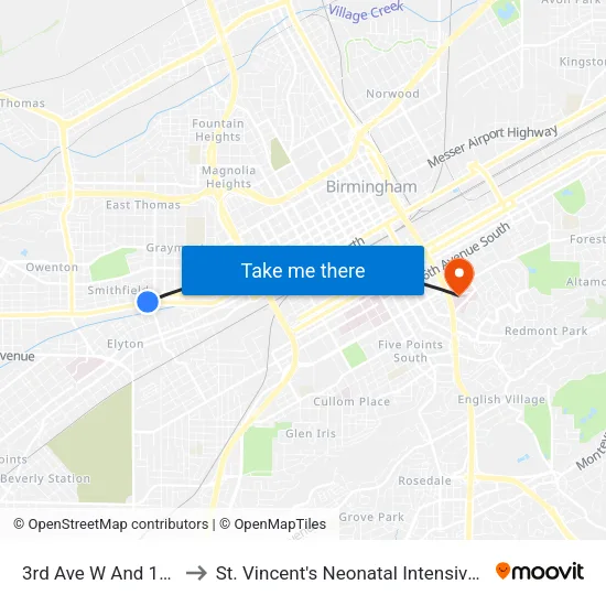 3rd Ave W And 1st St W to St. Vincent's Neonatal Intensive Care Unit map
