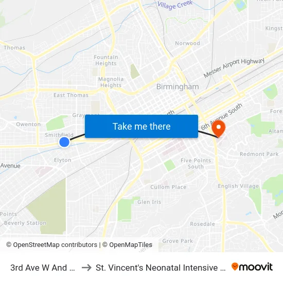 3rd Ave W And 3rd St to St. Vincent's Neonatal Intensive Care Unit map