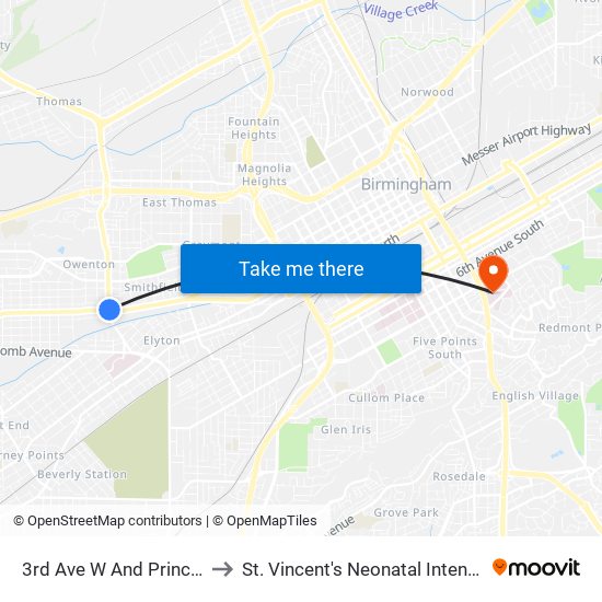 3rd Ave W And Princeton Pkwy to St. Vincent's Neonatal Intensive Care Unit map