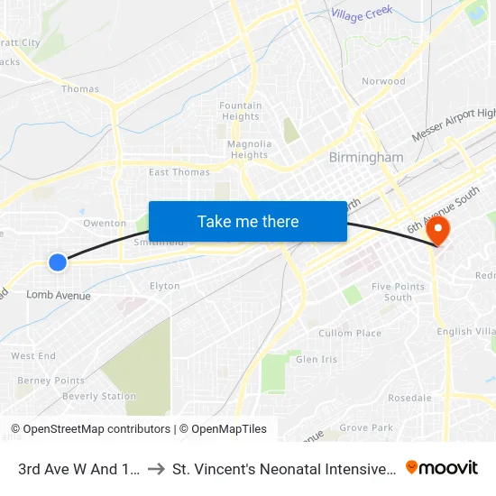 3rd Ave W And 15th St to St. Vincent's Neonatal Intensive Care Unit map