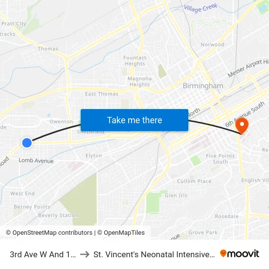 3rd Ave W And 17th St to St. Vincent's Neonatal Intensive Care Unit map