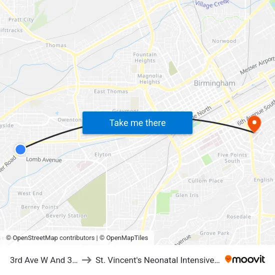 3rd Ave W And 30th St to St. Vincent's Neonatal Intensive Care Unit map