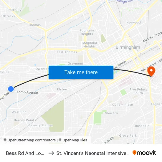 Bess Rd And Lombave to St. Vincent's Neonatal Intensive Care Unit map