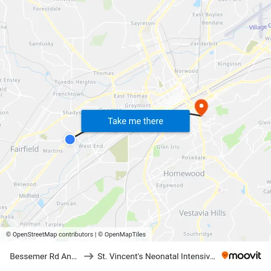 Bessemer Rd And Ave U to St. Vincent's Neonatal Intensive Care Unit map