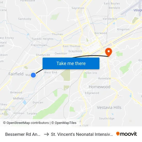 Bessemer Rd And Ave P to St. Vincent's Neonatal Intensive Care Unit map