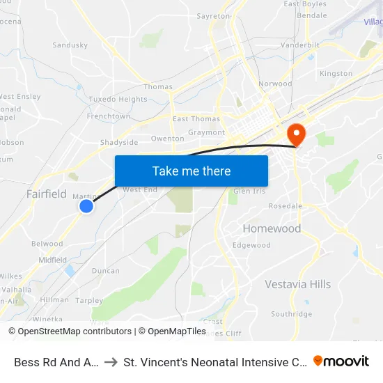Bess Rd And Ave O to St. Vincent's Neonatal Intensive Care Unit map