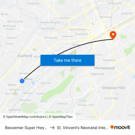 Bessemer Super Hwy And Grant St to St. Vincent's Neonatal Intensive Care Unit map