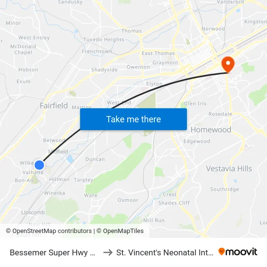 Bessemer Super Hwy And Jcceo Bldg to St. Vincent's Neonatal Intensive Care Unit map
