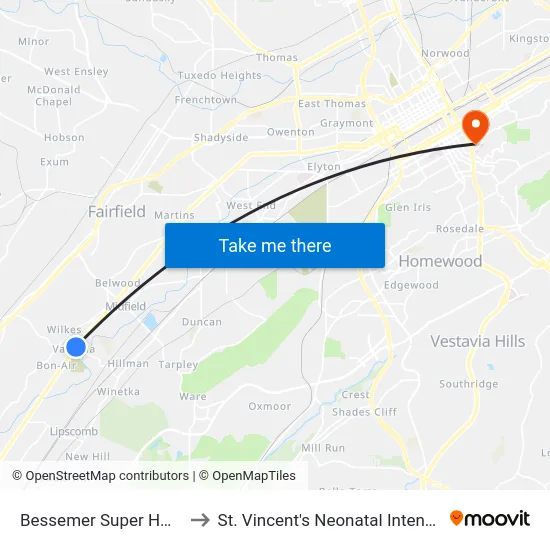 Bessemer Super Hwy Valhalla to St. Vincent's Neonatal Intensive Care Unit map