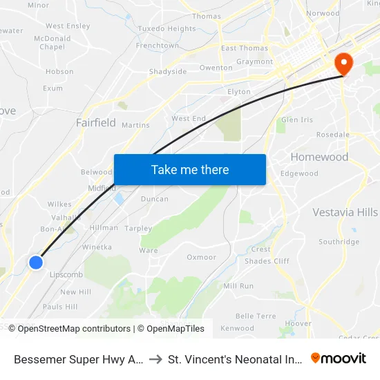 Bessemer Super Hwy And Roosevelt St to St. Vincent's Neonatal Intensive Care Unit map