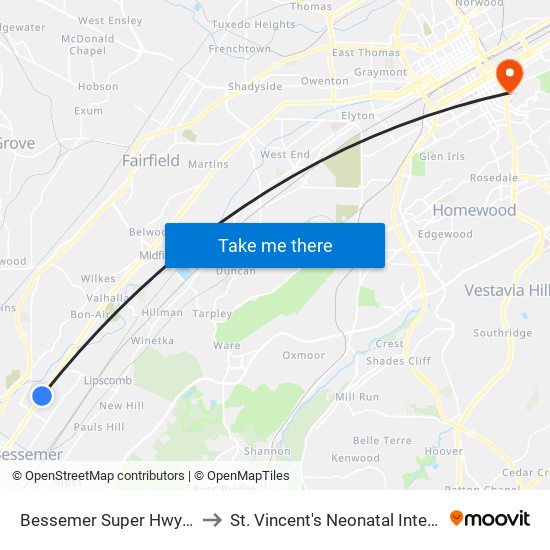 Bessemer Super Hwy And 33rd St to St. Vincent's Neonatal Intensive Care Unit map