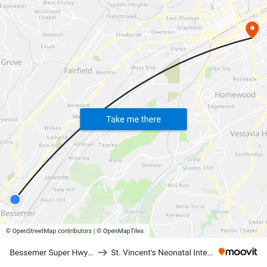 Bessemer Super Hwy And 24th St to St. Vincent's Neonatal Intensive Care Unit map