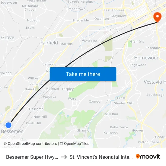 Bessemer Super Hwy And 22nd St to St. Vincent's Neonatal Intensive Care Unit map